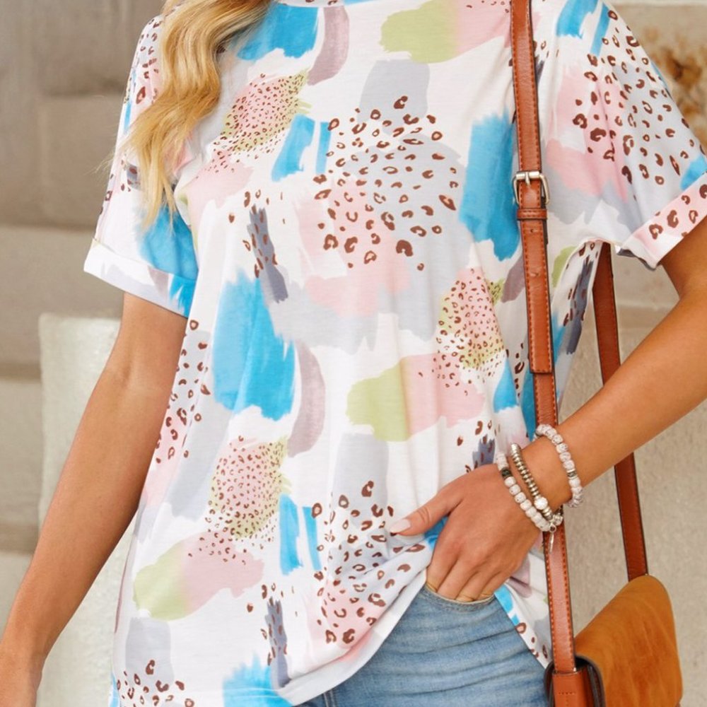 Paint Leopard Print Folded Sleeve Detailed Top